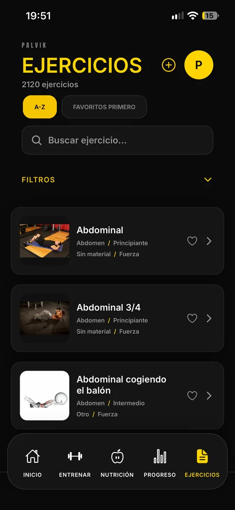 Palvik: catálogo de ejercicios con filtros y favoritos