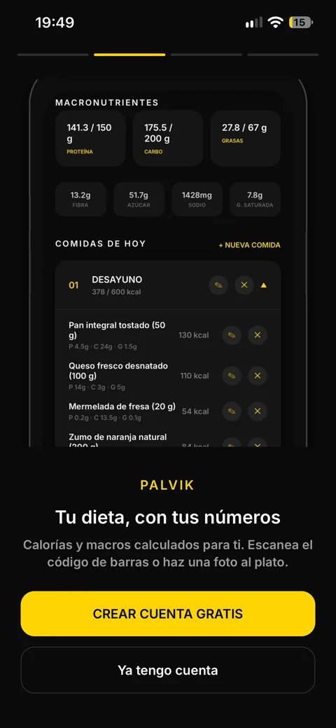 Palvik: registro de comidas con calorías y macros